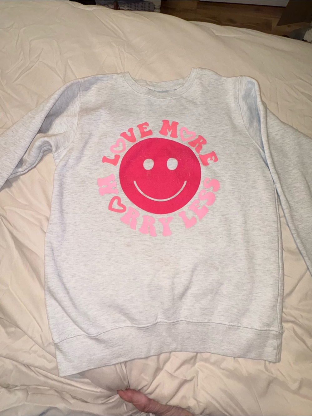 Love More Smiley Graphic Sweatshirt - Light Gray with Pink